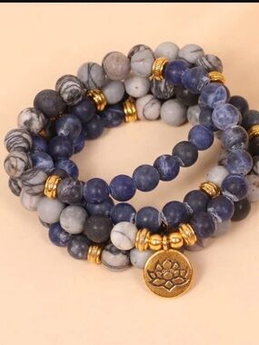 Natural Sodalite and Zebra Jasper Beaded Wrap Bracelet with Lotus Charm Pendant